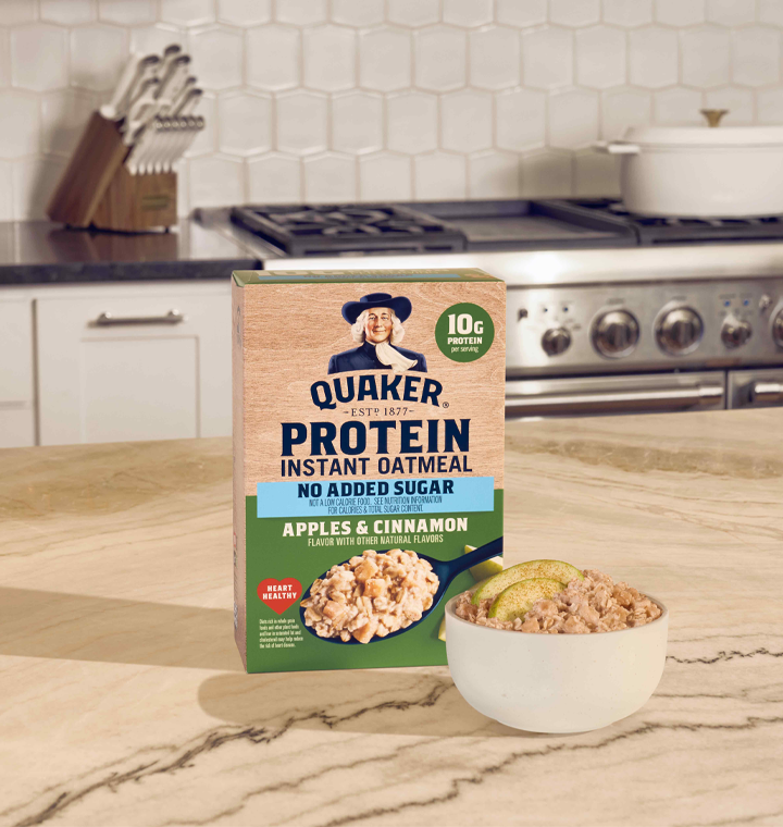 Quaker Protein Instant Oatmeal box sitting on a kitchen counter