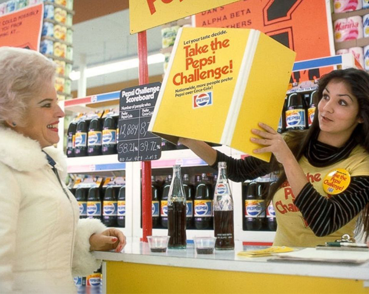 Shopper enjoying taking the Pepsi Challenge in 1975