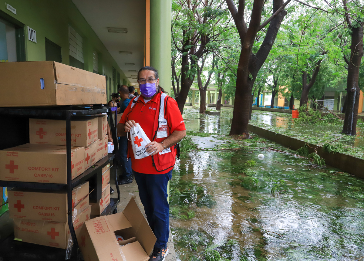 American Red Cross member unloading comfort kits to distribute to communities impacted by flooding