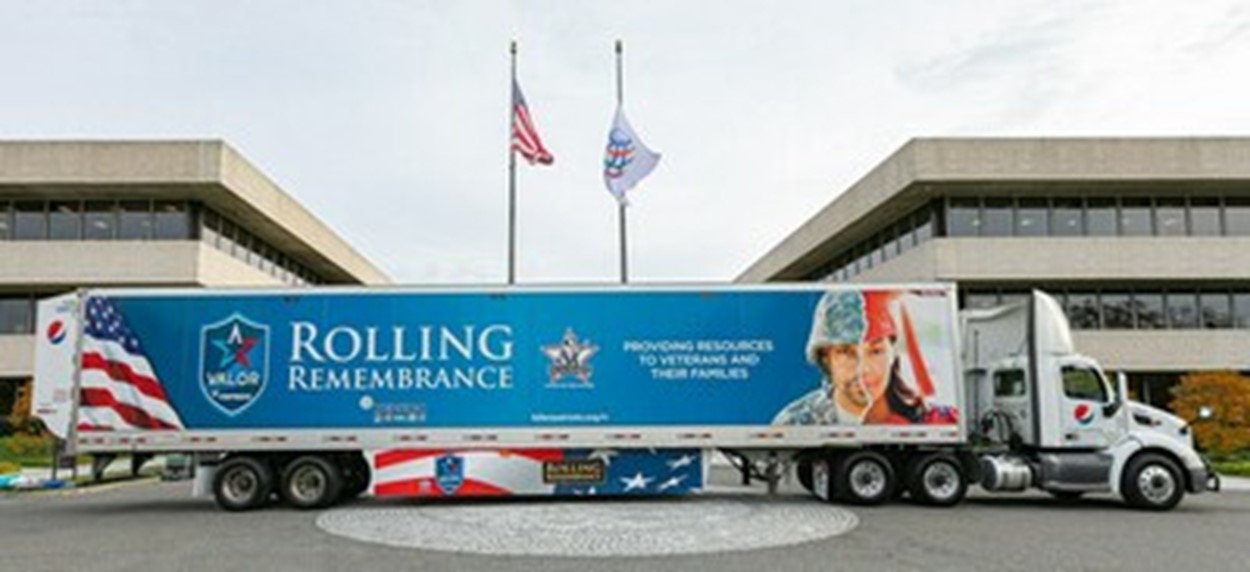 PepsiCo Valor Rolling Remembrance truck parked in front of PepsiCo Headquarters