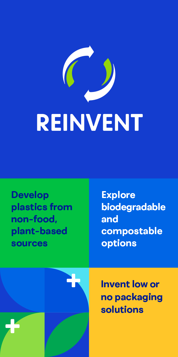 Develop plastics from non-food, plant-based sources. Explore biodegradable and compostable options. Invent low/no packaging solutions.