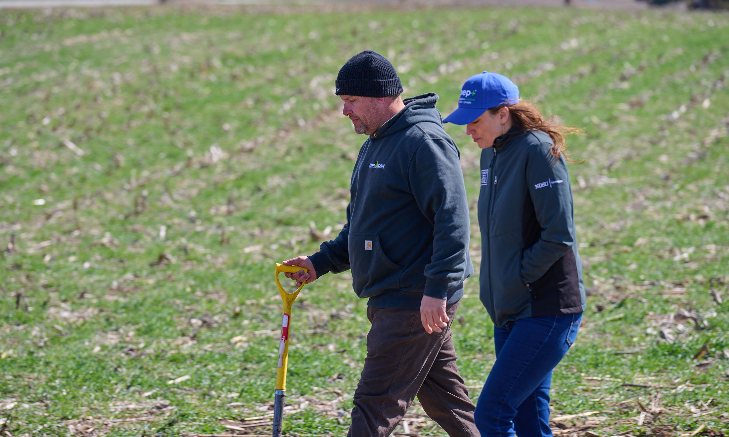 Man and woman walk through farm field