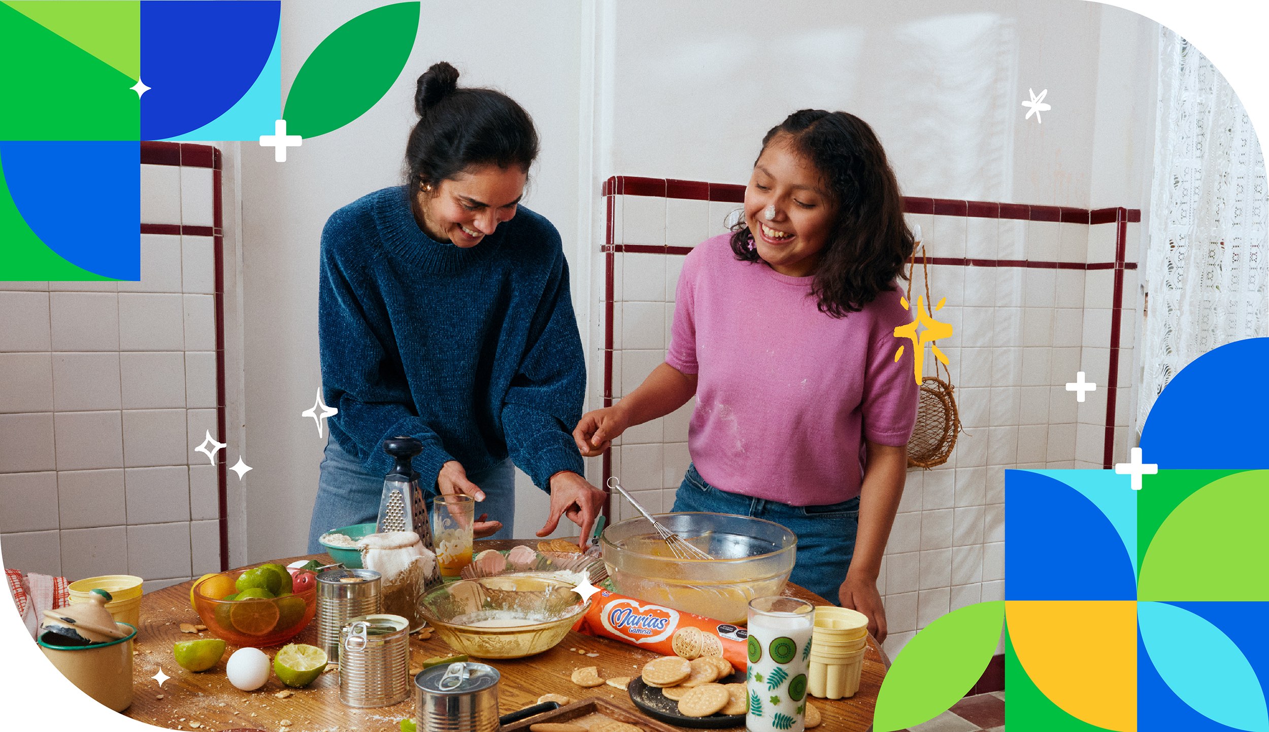 Mother and daughter baking with Marias Gamesa cookies in a kitchen
