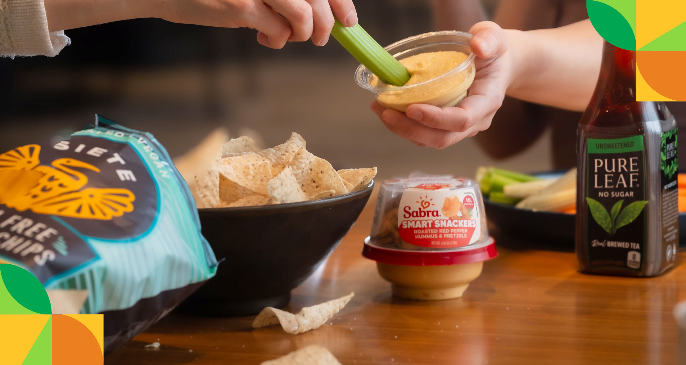 Siete chips, Sabra hummus, Pure Leaf tea