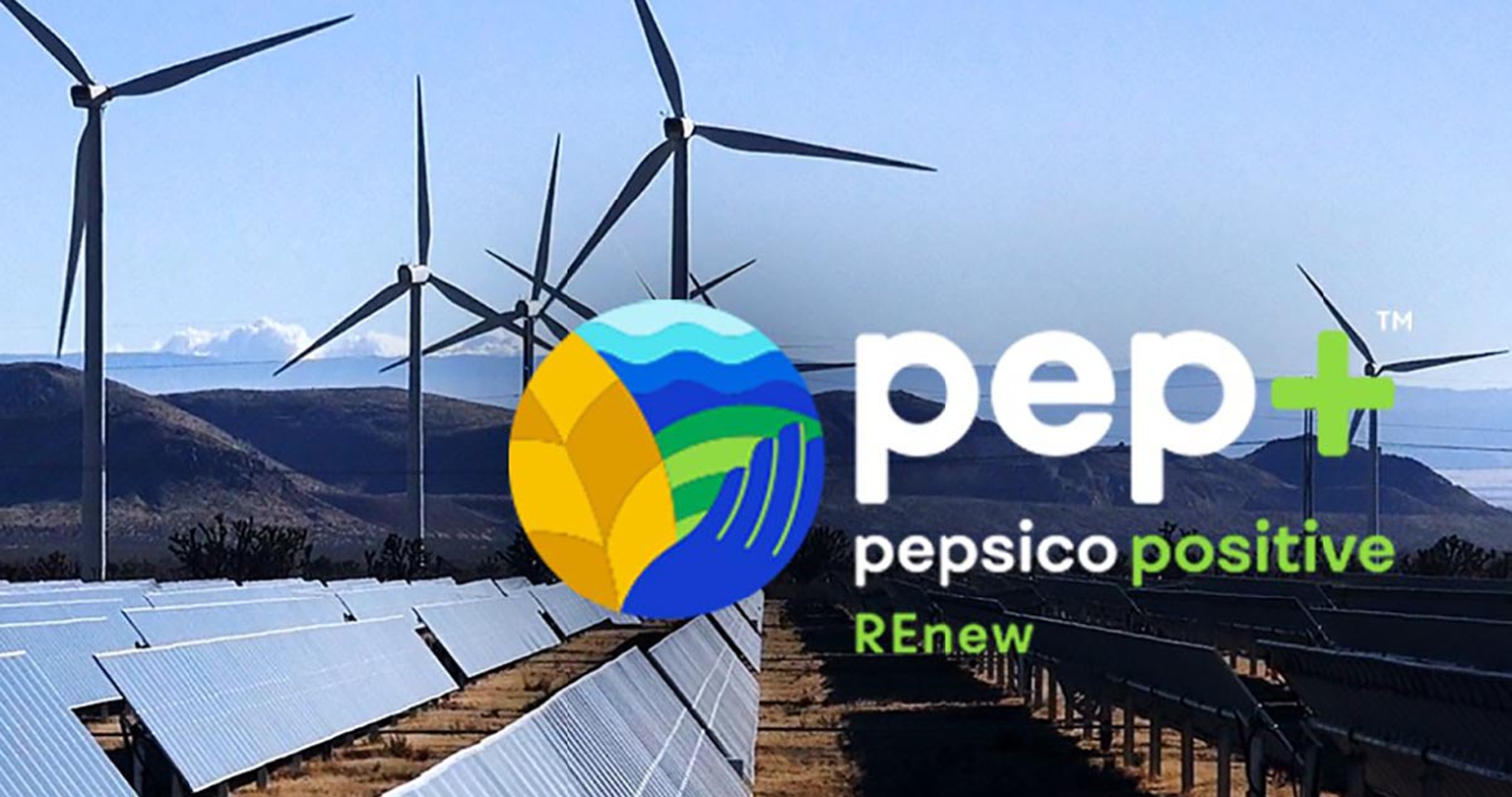 pep+ PepsiCo Positive REnew logo in front of solar panels and windmills