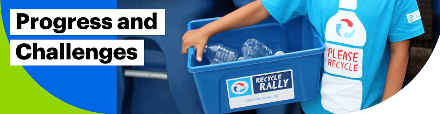 Progress and Challenges. Image of person holding recycling bin filled with bottles.