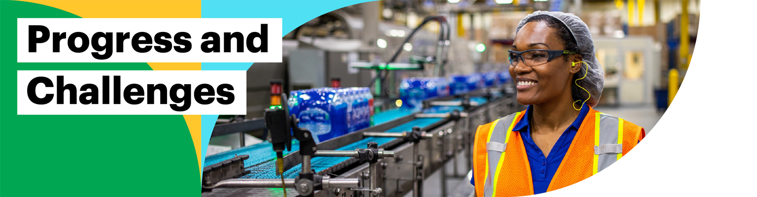 Progress and Challenges. Image of woman observing water bottles on conveyor belt.