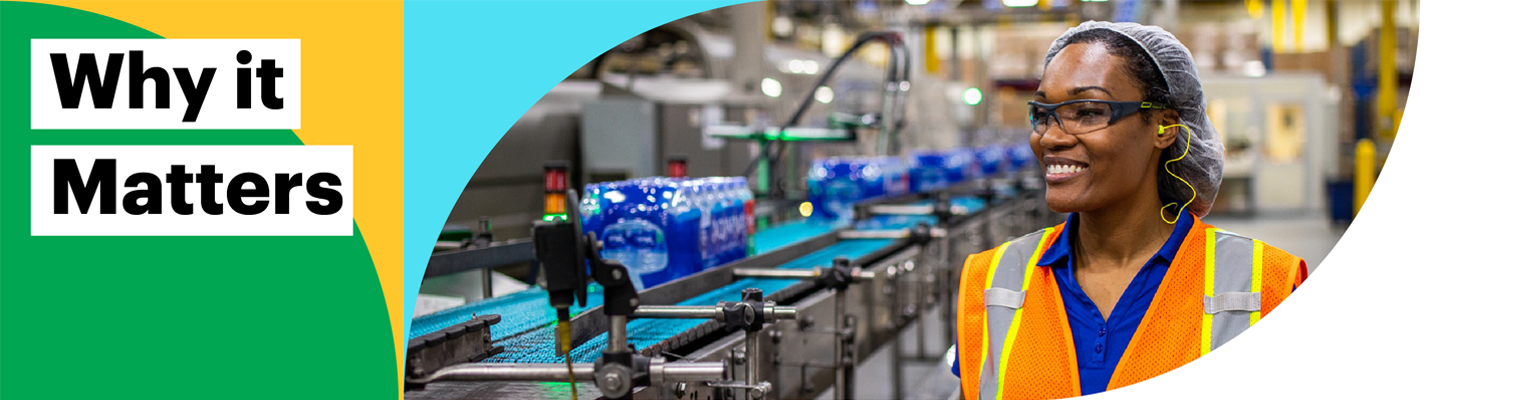 Why it Matters. Image of woman observing water bottles on conveyor belt.
