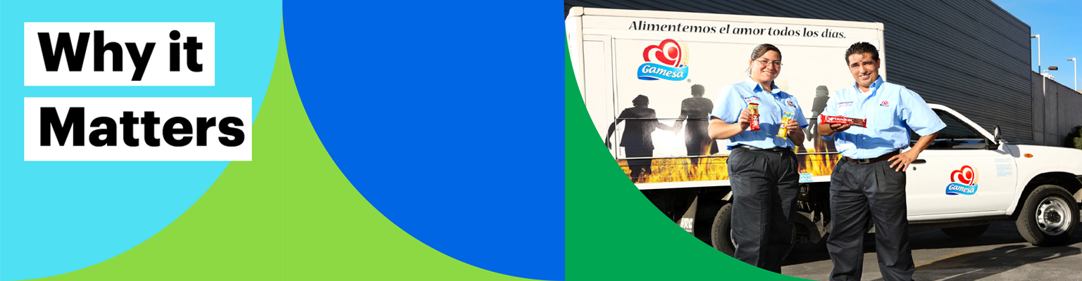 Why it Matters. Image of man and women holding PepsiCo products standing in front of a Gamesa truck.