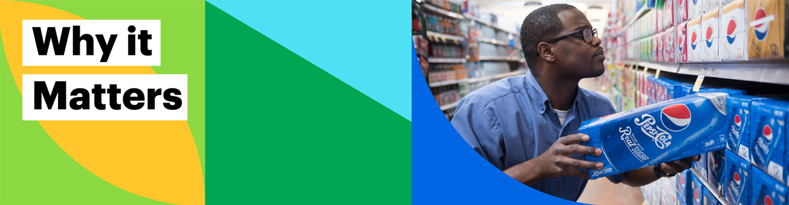 Why it Matters. Image of a man putting a box of Pepsi cans on a store shelf.