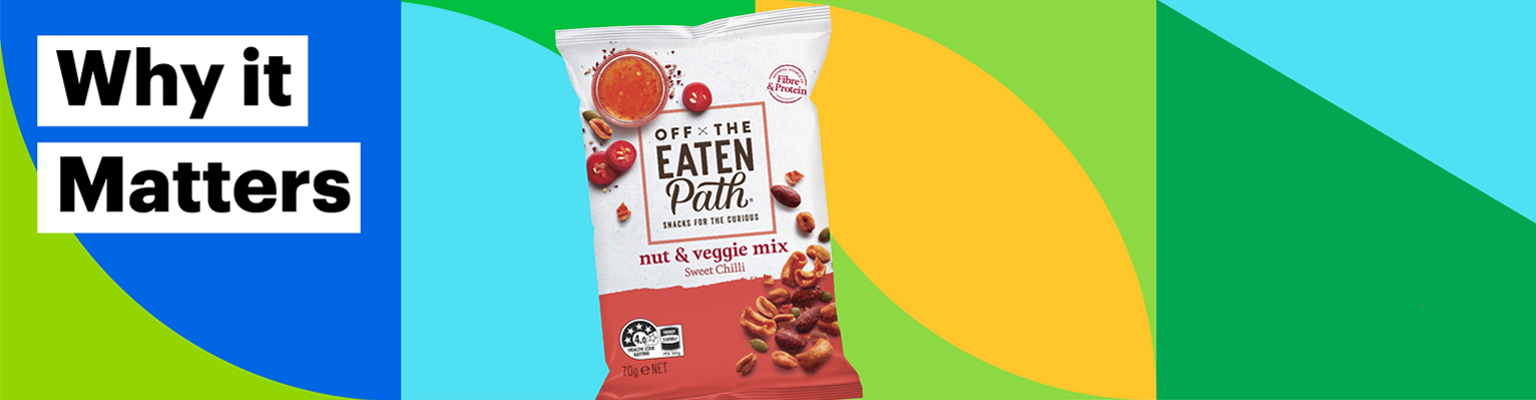 Why it Matters. Image of Off The Eaten Path Nut & Veggie Mix bag.