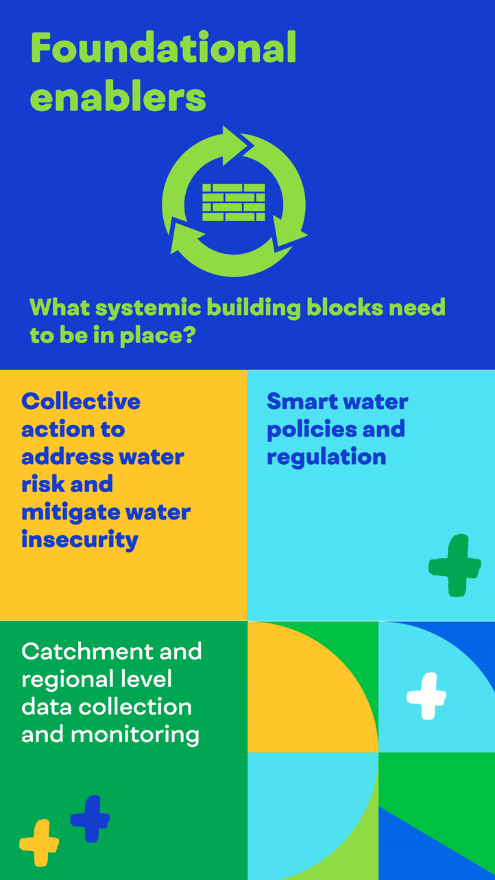 Foundational enablers: What systemic building blocks need to be in place? Collection action to address water risk and mitigate water insecurity, smart water policies and regulation, and catchment and regional level data collection and monitoring.