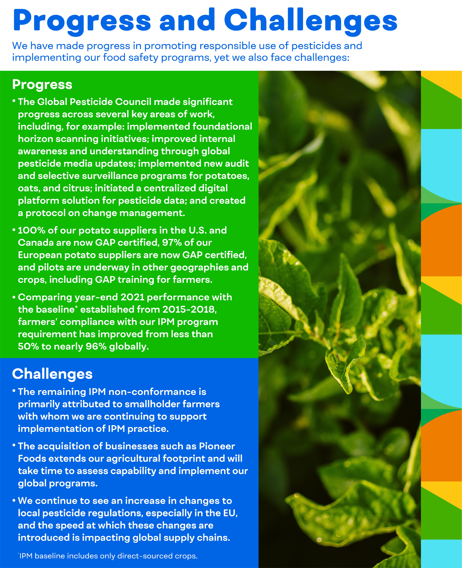 Progress and Challenges: We have made progress in promoting responsible use of pesticides and implementing our food safety programs, yet we also face challenges.