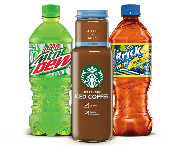 Mountain Dew, Starbucks Iced Coffee, and Brisk Iced Tea product shots