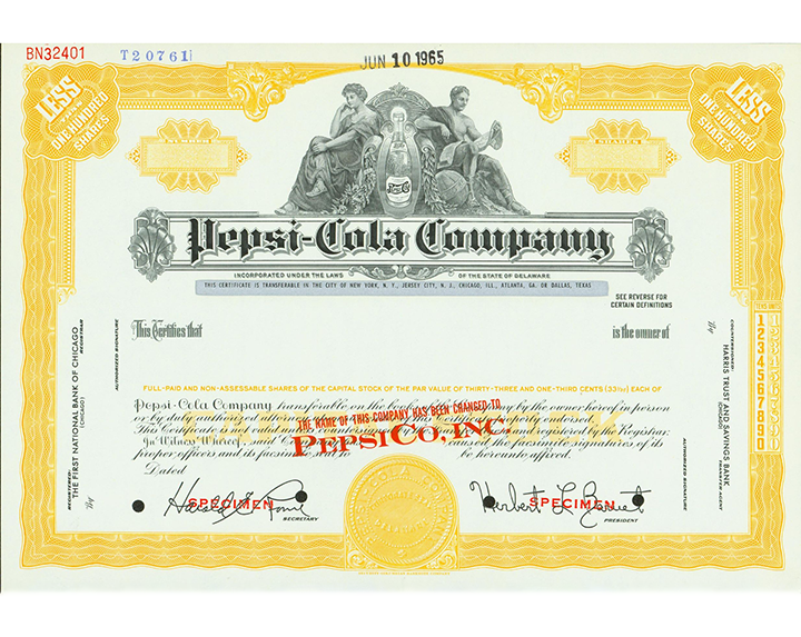 PepsiCo's stock certificate from 1965